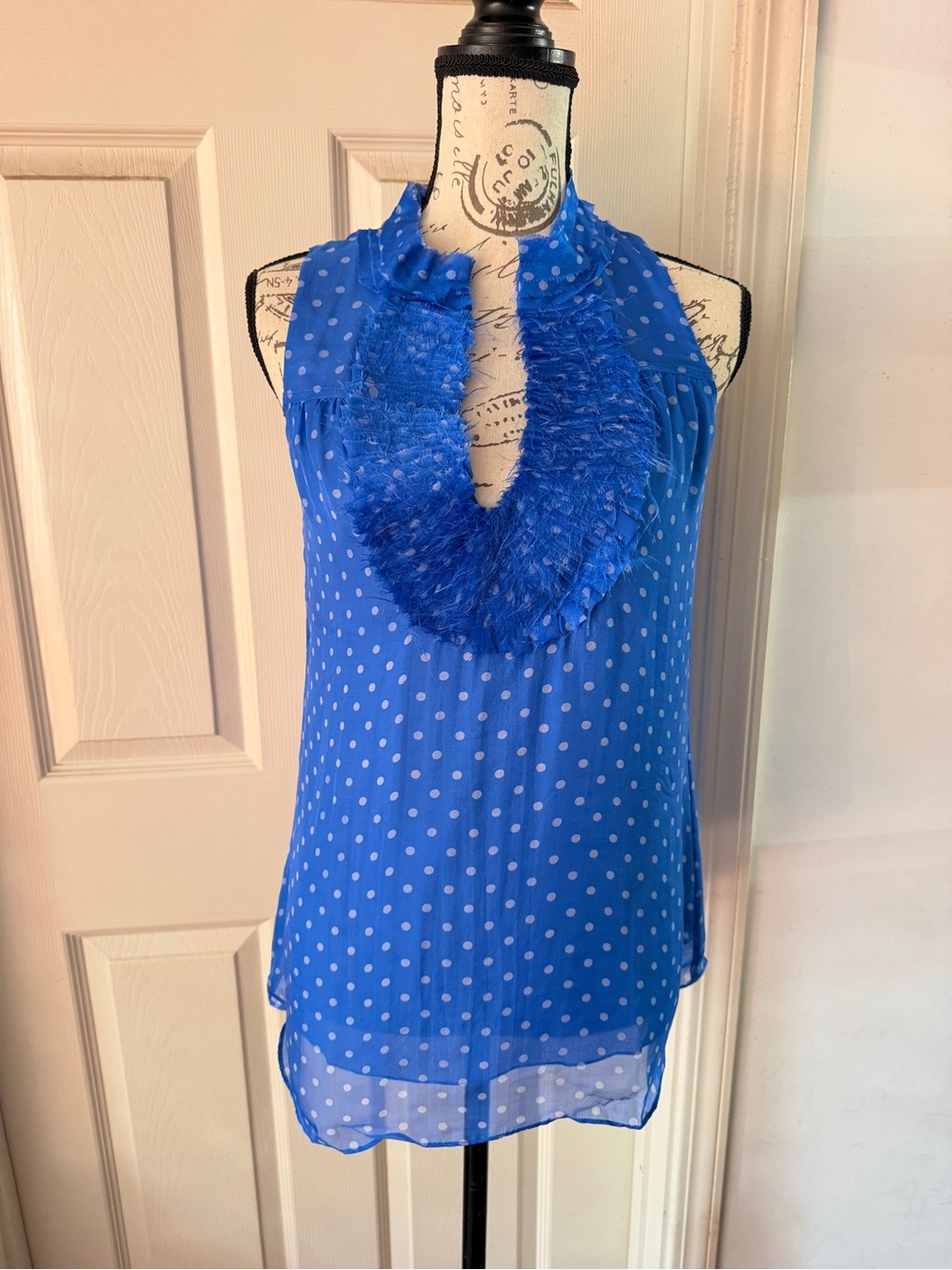 Anthropologie Royal Blue Polka Dot Ruffled Halter Blouse
